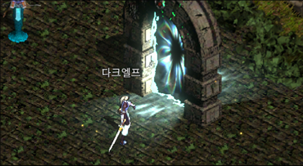 다크엘프 캐릭터가 포털 앞에 서 있는 PC 게임 화면
